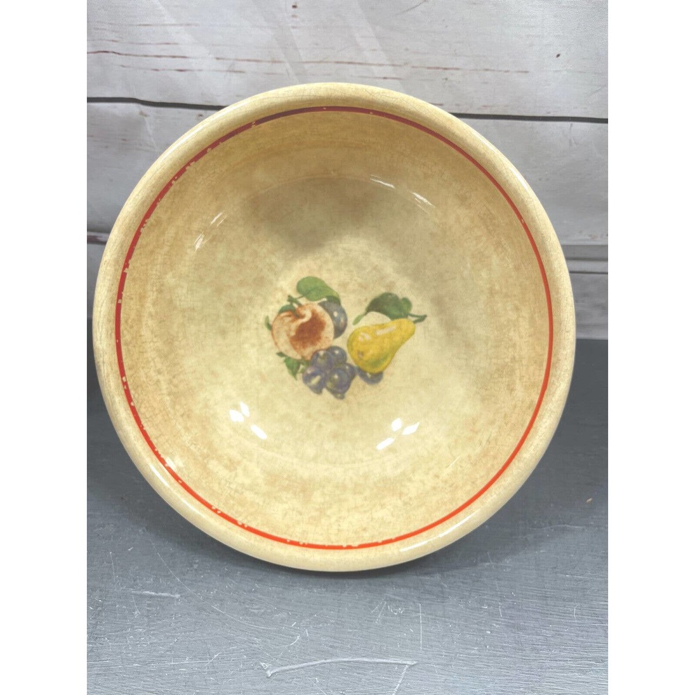 Vintage Bake Oven USA Red Stripe Pottery Fruit Shabby Chic Farm Serving Bowl